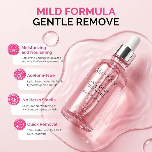 MelodySusie 50ML Nail Glue Remover for Press on Nails, Acetone Free Nail Polish Remover Multi-Functional Remover for Acrylic Tips Gentle Glue Remover with Stick