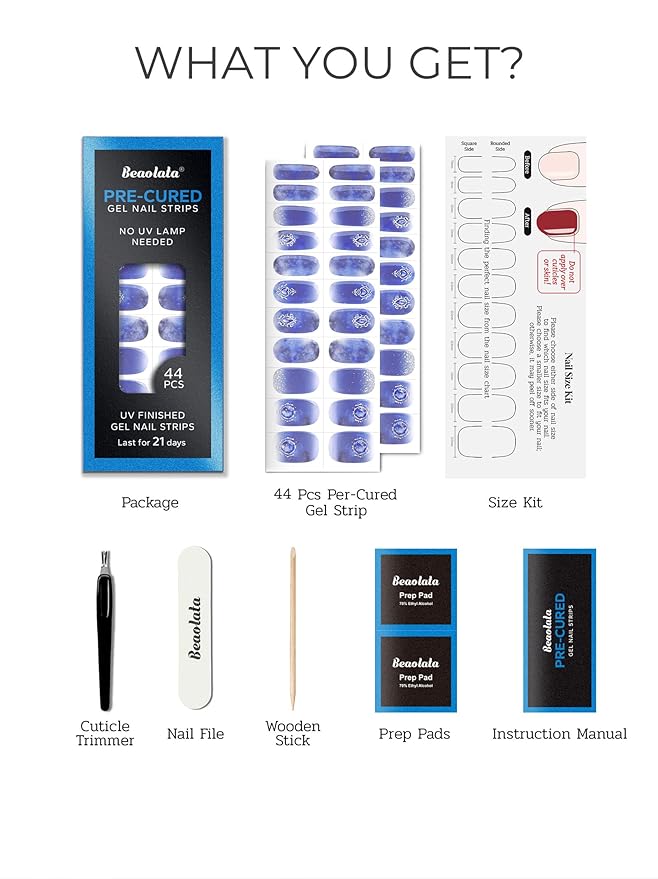 Pre Cured Gel Nail Strips - 44PCS Salon Quality Gel Nail Stickers - Long Lasting Polish Wraps for Women no UV Light Needed Easy Apply & Remove (Crystal Blue