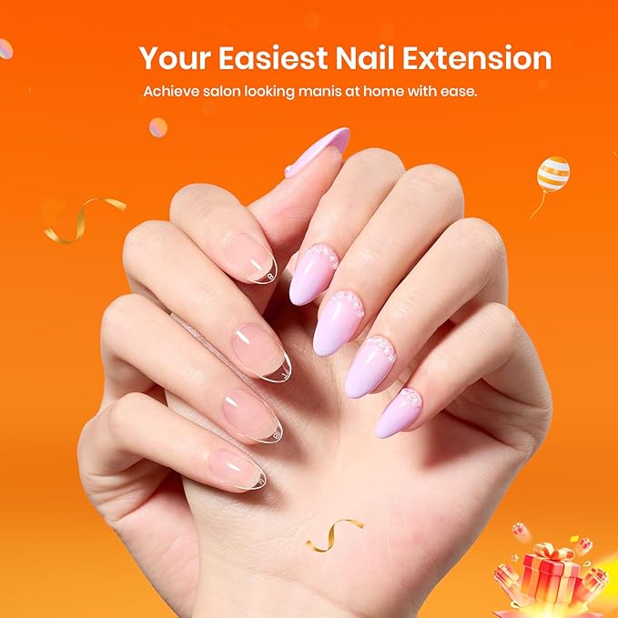 Beetles Gel Nail Kit Short Almond with Nail Dehydrator and Primer, 576Pcs Half Matte Etch-X Nail Tips Solid Nail Glue Mini Nail Lamp Nail Extension Set Gift, with Blooming Gel 15ml for Spreading Effec