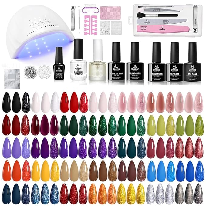 Beetles Gel Nail Polish Kit with U V Light - 68 Pcs Nails Kit 45 Colors Red Jelly Gel Polish Set Mystic Wonderland Soak Off Red Green Nude DIY Manicure Nail Salon Gifts for Women Teens Girls