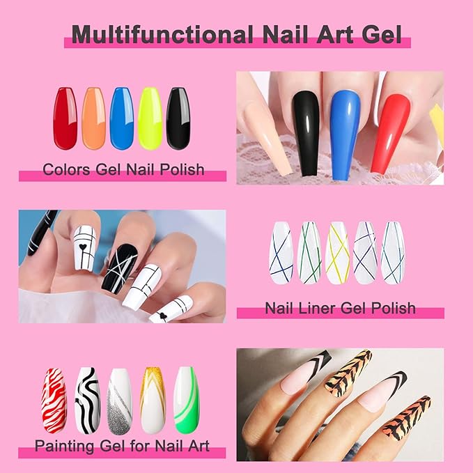 Nail Art Polish Set Gel Liner Kit For Nail Design Polish Paint For Nail 12 Colors Black White Gel Nail Polish Soak off Curing Requires 8ml with Thin Nail Art Brush