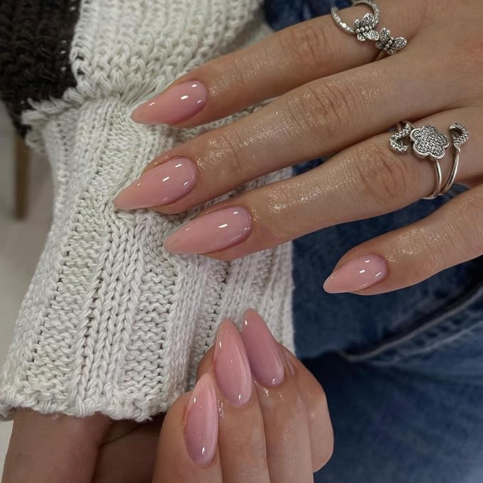 Dusty Pink Press on Nails Almond Shaped 48Pcs Neutral Thick Fake Nails for Women, Medium Almond Nails Press on Reusable Acrylic Nails Glue on Medium Length Stiletto False Nails Gel Artificial Nails