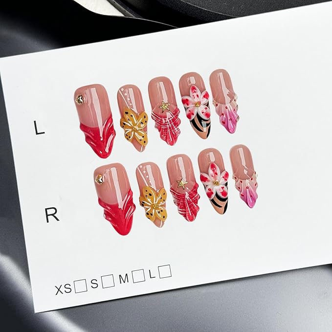 Flower Press on Nails Handmade Long Almond Muti-Layer Gel French Fake Nails 3D Waterdrop Pattern Floral Embossed Design Golden Stars and Hearts False Nails Luxury Acrylic Nail for Women (Size S)
