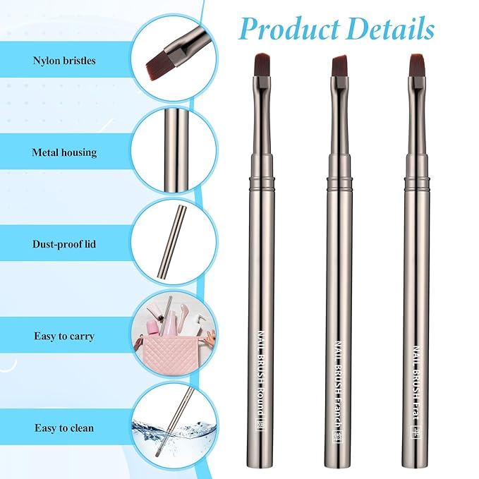 3Pcs Nail Polish Clean Up Brush Set, Cleaning Mistake Polish On Cuticles Angled Round Flat Brush Acetone-Resistant Gradient Handle Brushes for Nail Art Design Professional DIY