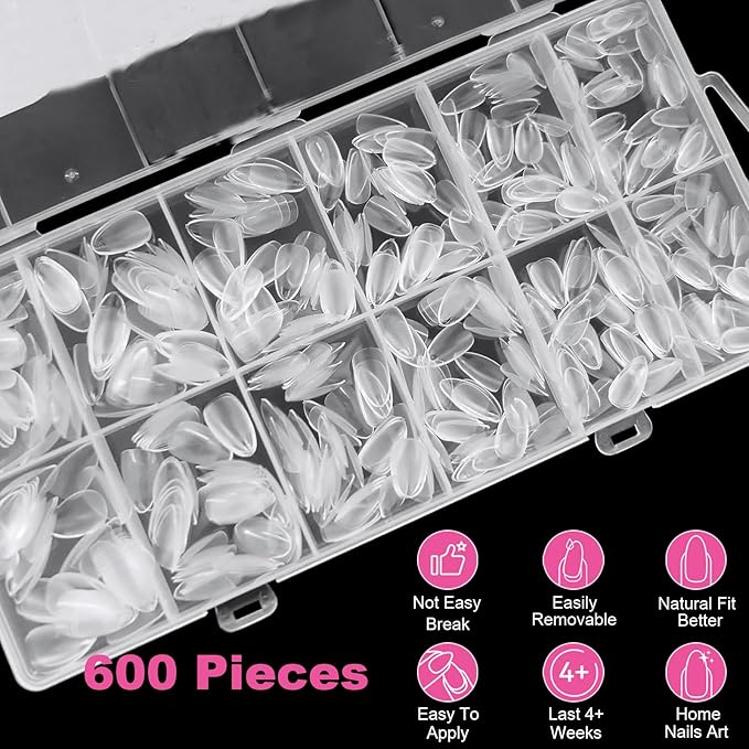 BlueZOO Extra Short Almond Nail Tips 600Pcs Soft Gel Full Cover Nail Tips, Half Matte Acrylic Fake Nails for Extension Nail Manicure Salon Home DIY, Clear Almond Pre Shaped Press On Nails, 12 Sizes