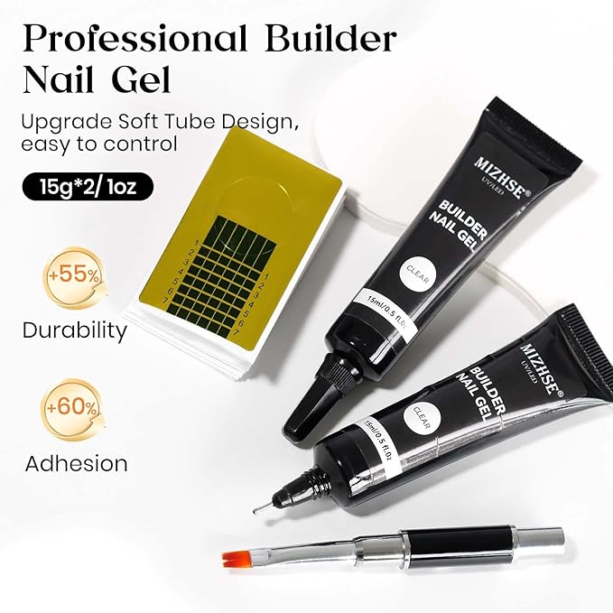 MIZHSE Builder Gel for Nails, 2Pcs 15mL Clear Hard Builder Gel for Nail Thickening Tip Design Rhinestone Glue U V LED Extension for Nail Art Design