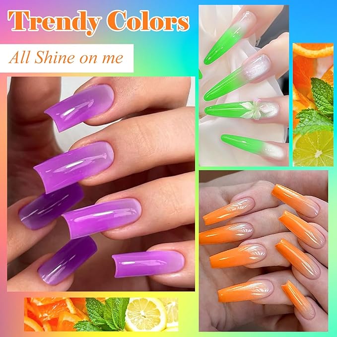 MEET ACROSS 9Pcs Neon 3D Builder Gel Kit for Nail Art Orange Green Blue Purple Non Sticky Hand Carving Extension Solid Builder Gel for Nails with Silicone Pen Manicure Kit 4 Colors
