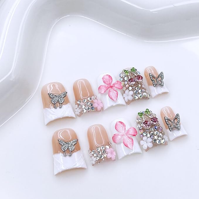 10 Pcs Handmade Press on Nails with Glue，3D Butterfly Duck False Nails Gradient Flowers Sparkly Artificial Glossy Colorful Rhinestones Designs French Tip Fake Nails Acrylic for Women Girls DIY（Size M)