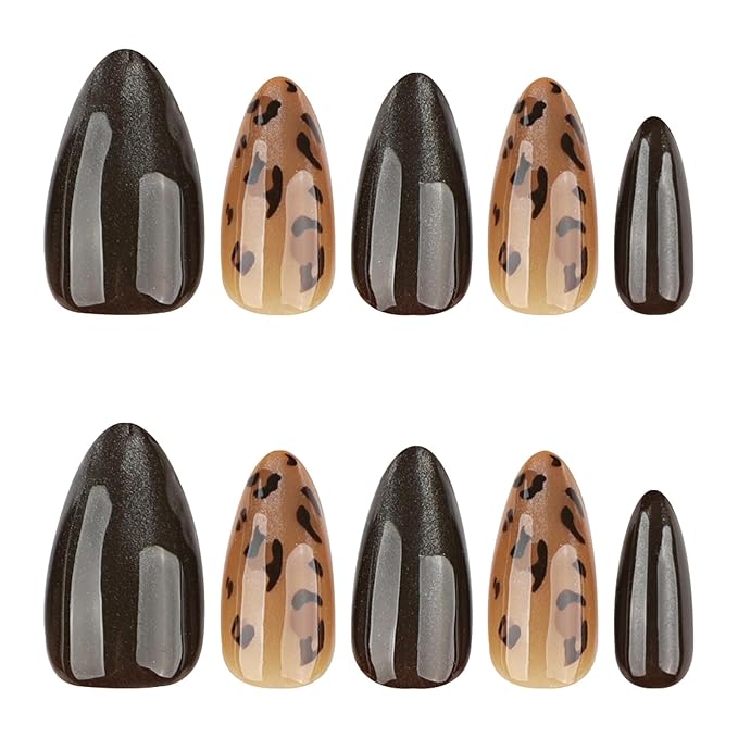 Brown Cat Eye Press On Nails Short Almond – Leopard Print Designs, Acrylic Reusable Fake Nails with Adhesive Tabs Glue, Salon Quality Nail Press Ons - Magnetic Nail Kit for Women Manicure