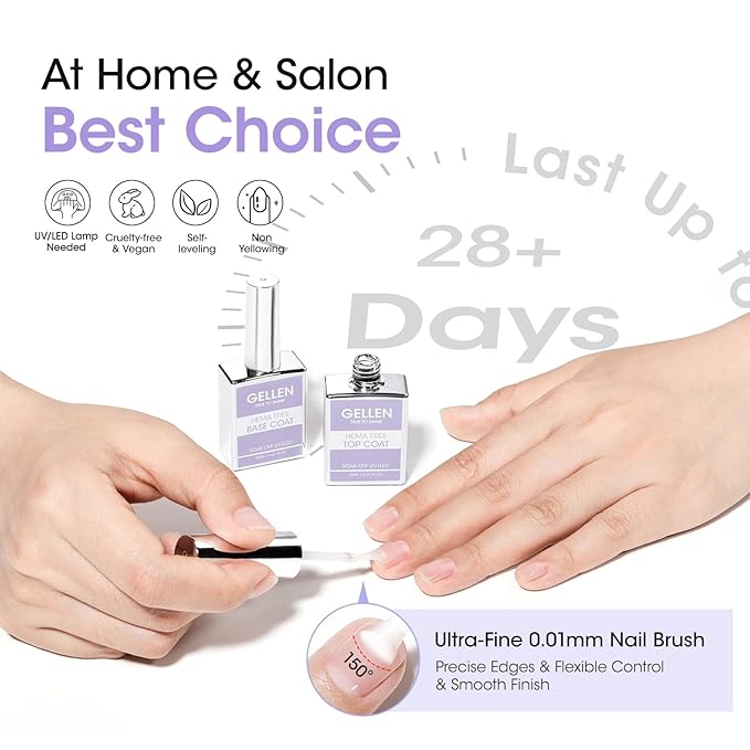 GELLEN 20ml Gel Base and Top Coat, Hema-Free Glossy Top Coat and Base Coat for Gel Nail Polish, No Wipe Soak Off Curing Needed Clear Nail Polish, Easy DIY Manicure Set