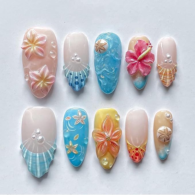 Luxury Press on Nails Medium Almond Handmade 3D Unique Reusable ABS Material Fake Nails French Tip False Nails with Designs Flower Pearls Water Drop Summer Glossy Glue on Nail Thick Acrylic Nail(M)