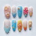 Luxury Press on Nails Medium Almond Handmade 3D Unique Reusable ABS Material Fake Nails French Tip False Nails with Designs Flower Pearls Water Drop Summer Glossy Glue on Nail Thick Acrylic Nail(S)
