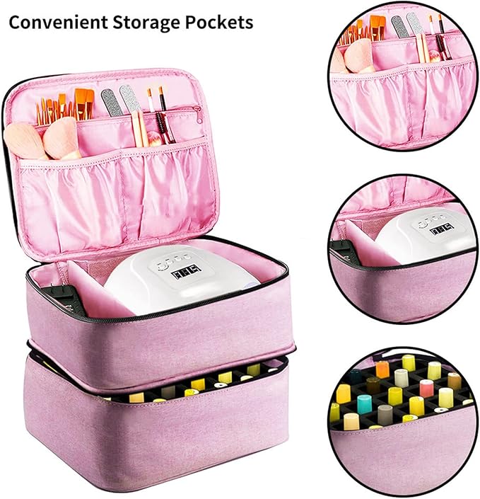Meichoon Portable Nail Polish Carrying Organizer Case with Adjustable Bottle Compartment 30 Bottles of Gel Lamp and Manicure Tools Large Makeup Bag Travel with Removable Divider Pink