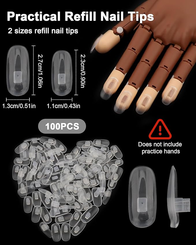 100PCS Replacement Nail Tips for Acrylic Nails Practice Hand, Clear Fake Nails with box for Nail Hand Practice