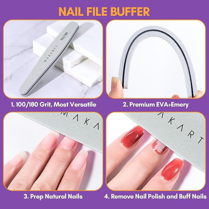 Makartt Nail Glue Remover Kit, for Press on Nails, 10ML Glue Off, 100/180 Grit Nail File Buffer, 5ML Cuticle Oil, All in One Press On Nails Remover and Nail Care Kit
