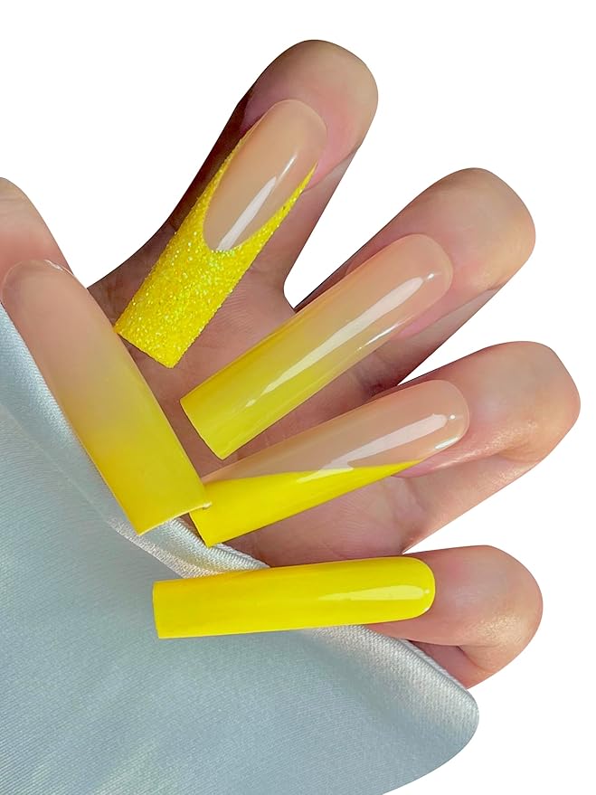 HAND-PAINTED White Press Ons Neon Small Press on Nails Long French Press on Nails Coffin Medium Short Nail art Fake Nail Art Kit with 7g Glue on Nails Handmade Almond Square Nails (X-Small, J12)