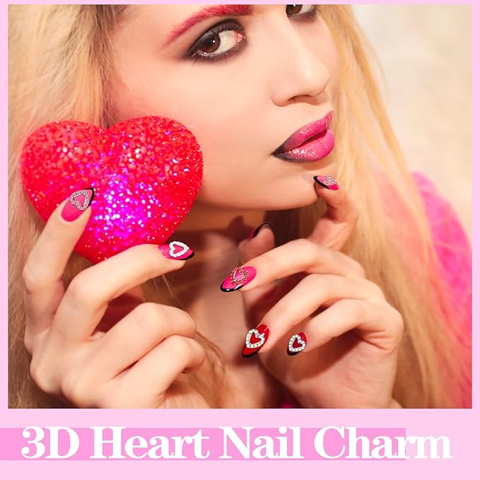 Sadnyy 100 Pcs Valentine Heart Nail Charms for Nail Art, 3D Heart Rhinestone Decals Silver Crystal Charms Diamond Alloy Gems for Women Valentine's Decorations(Elegant)