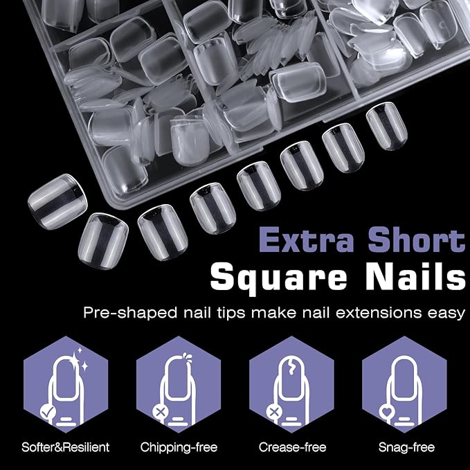 600pc Extra Short Square Nail Tips Fake Nails Press on Nails Clear Nail Tip Full Cover False Nails Artificial Fingernail, 12 Size Soft Gel Nail Tips for Acrylic Nails Gel Nail Extensions