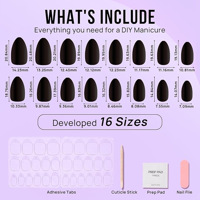 Black Press On Nails Almond - BTArtbox Short Press On Nails with Nail Glue, Fit Perfectly & Natural Reusable Stick On Nails in 16 Sizes - Soft Gel Glue On Nails Kit, Black Velvet