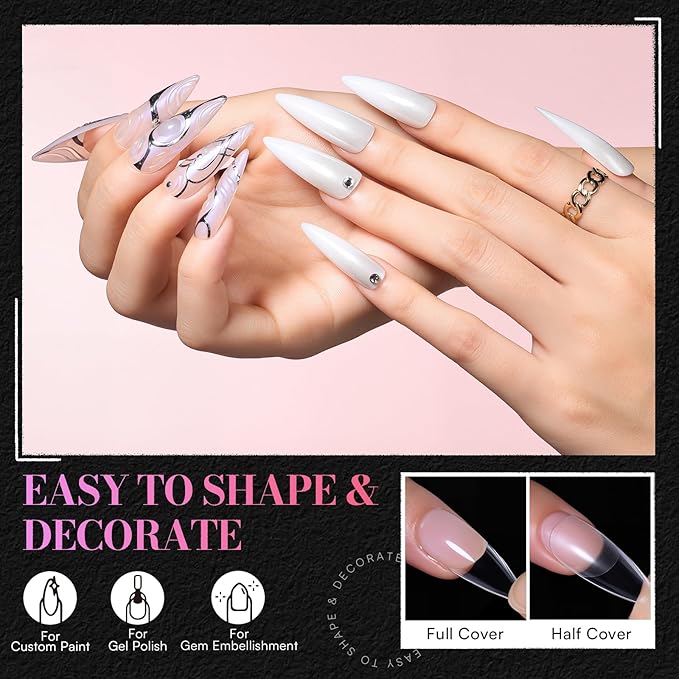 Makartt Medium Stiletto Almond Nail Tips: Clear, 240PCS, 15 Sizes, Half Matte, Fake Nails Stiletto Shapes - Full Cover Soft Acrylic Press On Nail Extensions Supplies Salon and DIY at Home