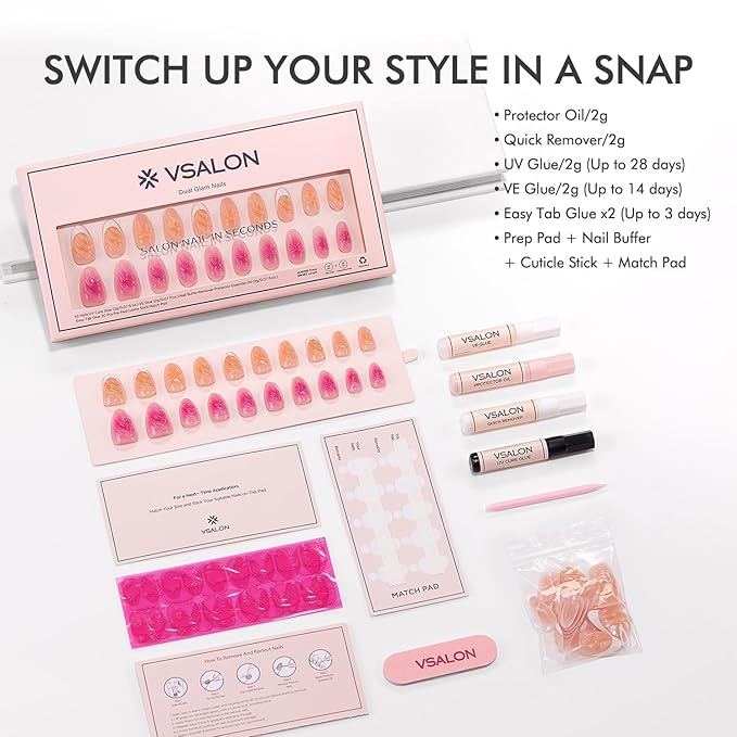 VSALON Press-On Nails Short Almond - Hot Pink & Nude 3D Design Bowknot Valentine French Tip Fake Nails, 42 PCS in 16 Sizes Nail Kit with UV Glue, Easy Tabs, Nail Glue & Remover (Barlow Girl)