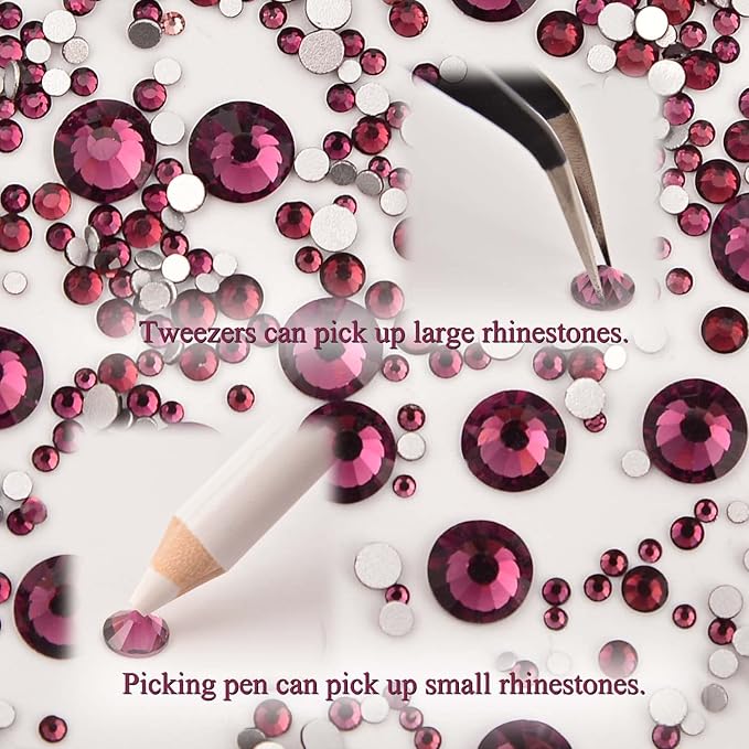 NCB 8000pcs Non Hotfix Rhinestones 10 Sizes Flatback Crystal Glass Rhinestones with Tweezers and Picking Pen for Nail Art Clothes Bags Phone Decorations Crafts DIY (016 Amethyst Mix SS3-SS30)