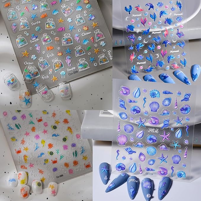Zoance 5D Embossed Shell Starfish Nail Art Stickers, Self Adhesive Marine Life Nail Decals 4 Sheets Jellyfish Fishtail Pearl Nail Stickers for Nail Art Supplies Women Girls Nail DIY Decorations