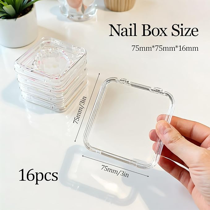 16 PCS Clear Press on Nail Packaging Press on Nail Case for Fake Storage Display Salon Nails Nails Container Boxes with 60 PCS Adhesive Double