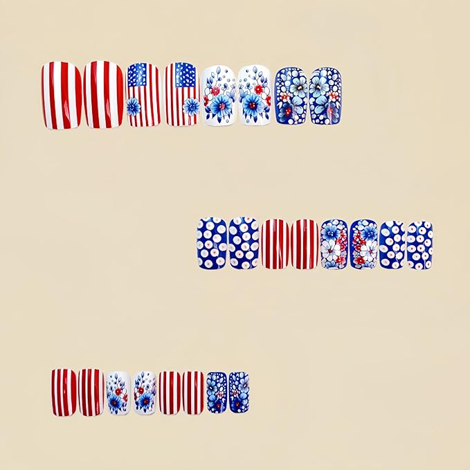 Press on Nails Independence Day Medium Square Fake Nails Blue Flower False Nails for Women Polka Dot Stick on Nails Summer Independence Day Fake Nails Stripe Glue on Nails 24Pcs