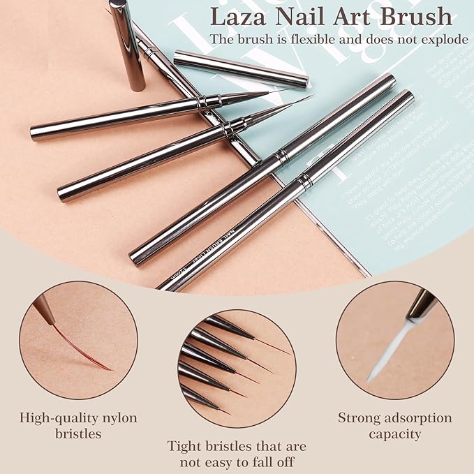 Laza Nail Art Brushes, 5pcs Nail Art Liner Brushes for UV Gel Polish, Painting Art Design Brush for Long Lines, Thin Details, Fine Drawing Sizes 6/9/12/15/18mm for Manicure DIY Nail Design