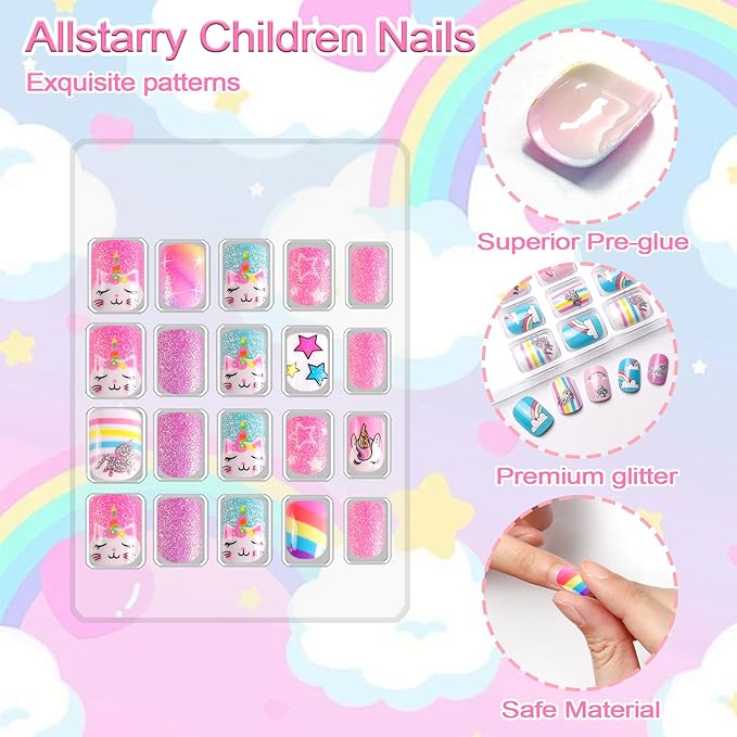 Allstarry 6 pack Children Nails Press on Pre-glue Full Cover Glitter Unicorn Rainbow Star Short False Nail Kits Lovely Gift for Children Little Girls Nail Art Decoration - Neon Unicorn