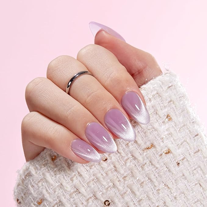 VSALON Press On Nails Short Almond, Light Purple Cat Eye French Tip Fake Nails, Semi-transparent Reusable Stick On False Nails, 32 Pcs in 16 Sizes with UV Glue Nails Kit, Valentines Gift for Women
