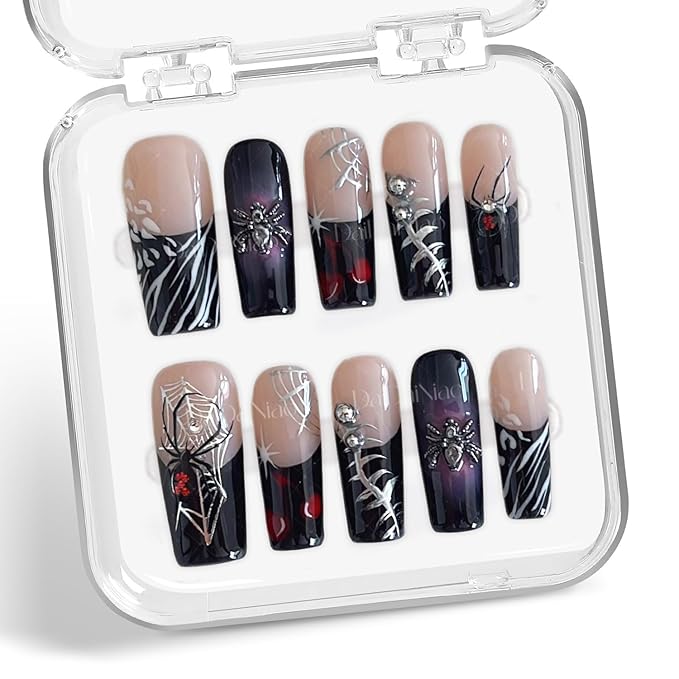 Handmade Press on Nails Spider Web & Spider with Designs Full Covered Halloween Fake Nail Black French Tip Long Square Stick on Nail Full Cover Reusable ABS Material Halloween Nails for Women (M)