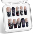 Handmade Press on Nails Spider Web & Spider with Designs Full Covered Halloween Fake Nail Black French Tip Long Square Stick on Nail Full Cover Reusable ABS Material Halloween Nails for Women (S)