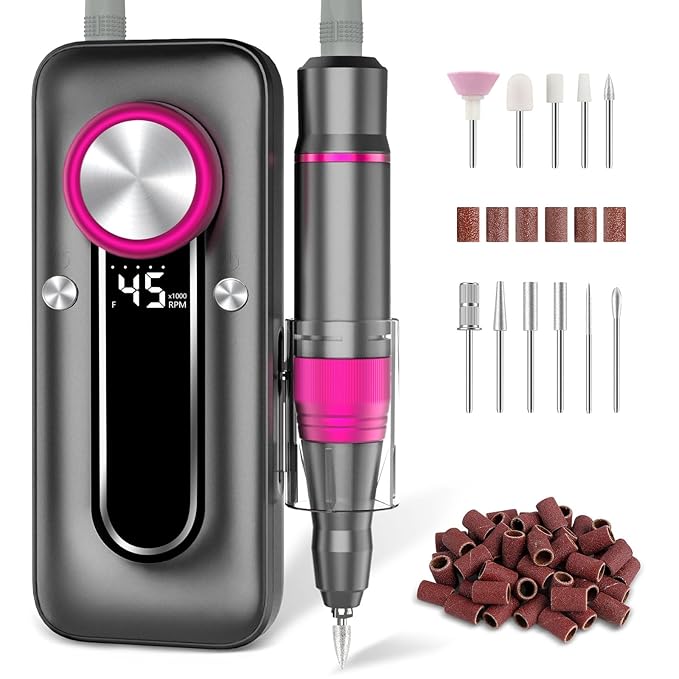 Nail Drill Electric Nail File Kit 45000 RPM Professional Efile Nail Set,Cordless Portable Rechargeable Acrylic Gel Nail Polish Remover Machine Pedicure Manicure Tool for Salon Home Gray