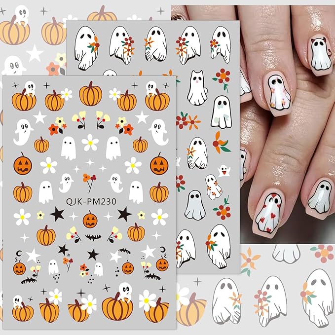 Halloween Nail Art Stickers Decals Gothic Self-Adhesive Nail Stickers Design Pumpkin Ghost Bat Black Cat Nail Decals for Women Girls DIY Manicure 8 Sheets Halloween Nail Stickers Decoration Supply