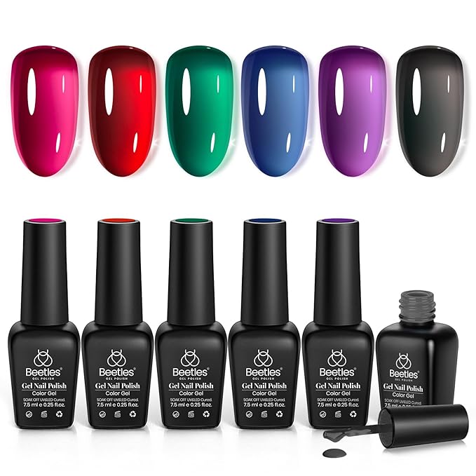 Beetles Jelly Gel Nail Polish Set - Jelly Magic Gel Polish, 6 Colors Jelly Gel Polish Kit Pink Red Black Blue Green Purple Sheer Translucent Effect Soak Off UV Manicure DIY Gift for Women