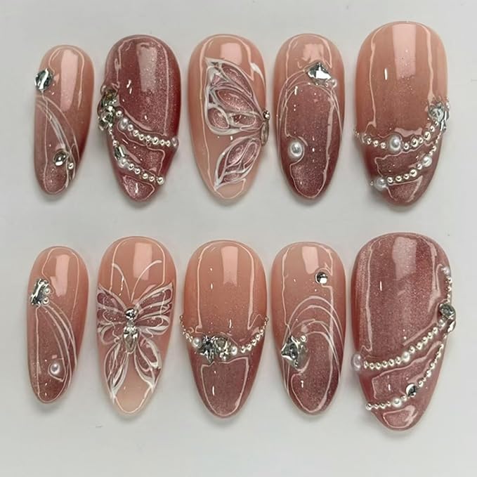 Medium Press on Nails Almond Fake Nails Brown False Nails Ombre Artificial Nails Glitter Acrylic Nails Press ons with Butterfly and Rhinestones Designs Sparkly Stick on Nails for Women 24pcs