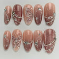 Medium Press on Nails Almond Fake Nails Brown False Nails Ombre Artificial Nails Glitter Acrylic Nails Press ons with Butterfly and Rhinestones Designs Sparkly Stick on Nails for Women 24pcs