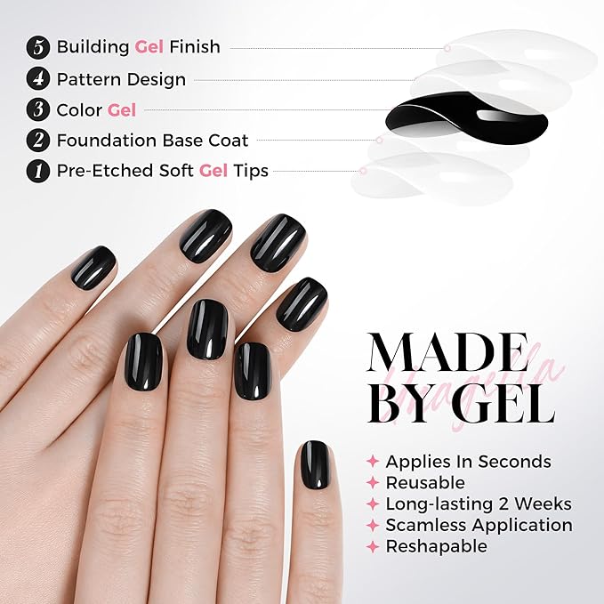 UNA GELLA Soft Gel Press on Nails - 32Pcs 15 Sizes Short Round Black Fake Nails, Glossy Reusable Glue on Nails for Women, Durable Artificial Nails Kit for DIY Manicure