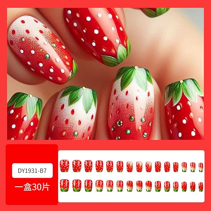 French Tip Press on Nails Short Square Fake Nails with Designs Strawberry Glue on Nails Rhinestone Acrylic Nails Summer Fruit False Nails Glossy Full Cover Stick on Nails for Women