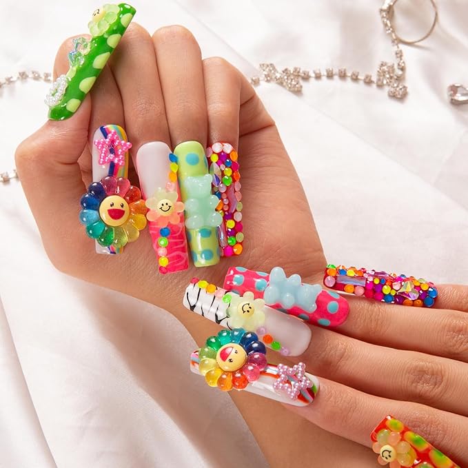 LOVFUL Press on Nails Lovkashi Flower | Handmade with Full Covered Crystals | Reusable Fake Nails | Square Mid length 1.7in | H65-L