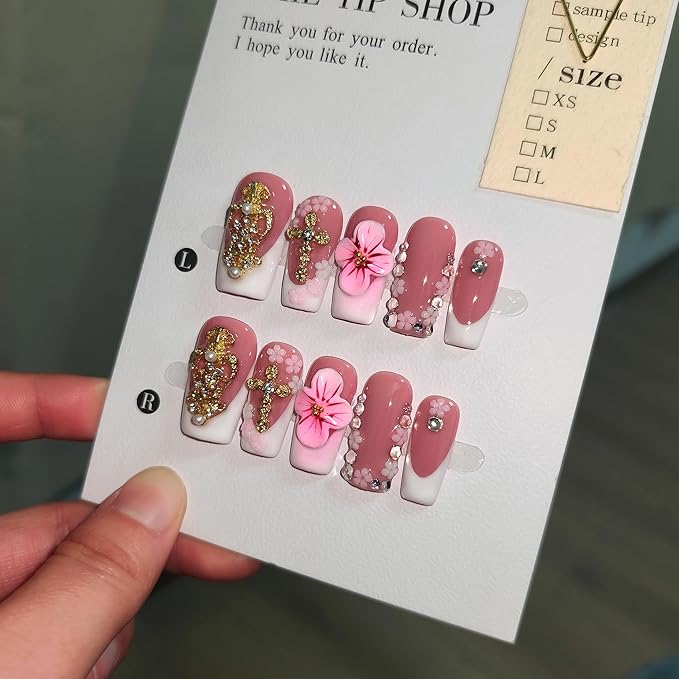 Squoval Press on Nails Medium - White French Tips with 3D Cross & Floral Lace, Reusable & Handmade False Nails for Edgy Everyday Wear | Sweet Gothic Style(S)