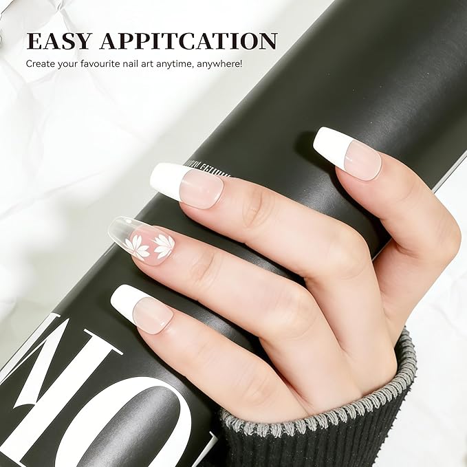 Semi Cured Gel Nail Strips White Flower French Tips Nail Strips with UV/LED Required Long Lasting Gel Nail Stickers for Spring Includes 22 Strips 2 Prep Pads, Nail File & Wooden Stick