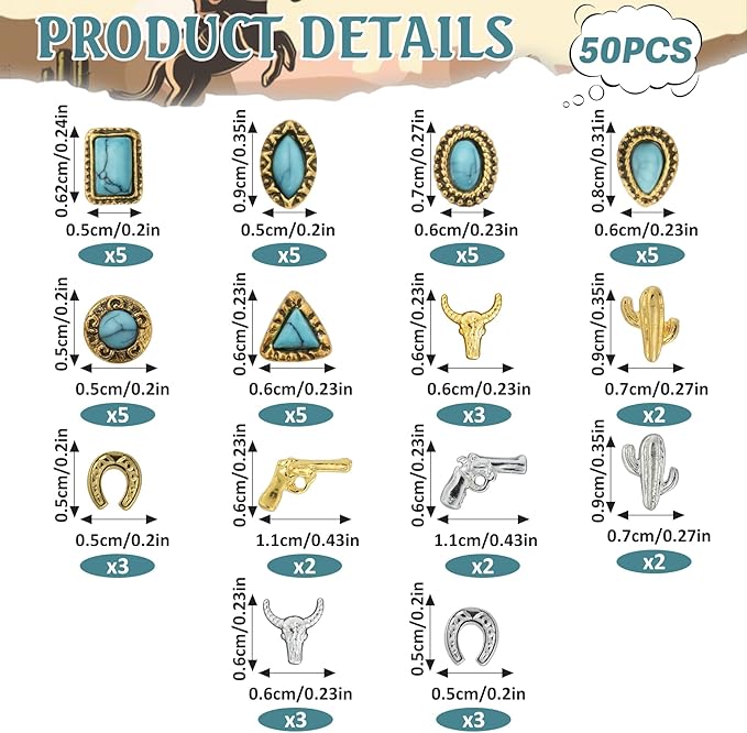 50 PCS Turquoise Nail Charms - 3D Western Nail Charms Vintage Turquoise Gems Stones Art, Retro Metal Gold Silver Cowboy Cowgirl Western Art Stickers Accessories Women DIY