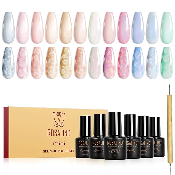 ROSALIND Pearl Gel Nail Polish - 12 Colors Pastel Pink Yellow Blue White Gel Polish Set with Dotting Pen Shell Swirl Thread Effect Soak Off UV Set Shimmer Nail Art Collection Valentine Gifts for Women