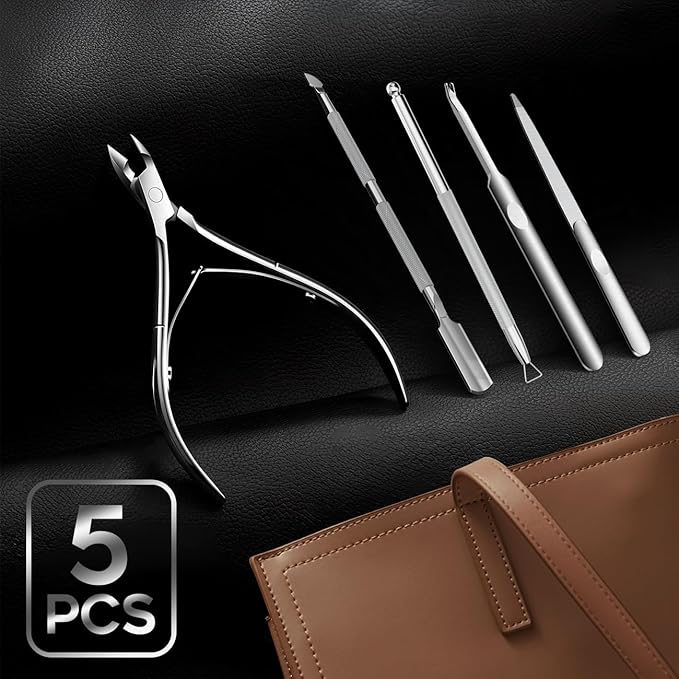 Cuticle Trimmer with Cuticle Pusher and Cutter Cuticle Nippers & Cutter Set, Professional Stainless Steel Cuticle Cutter Manicure Tools For Precise Nail Care Fingernails & cuticle scissors 5 Piece Set
