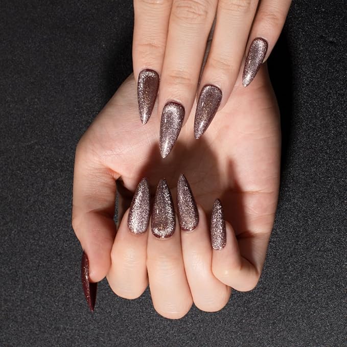 Press-On Nails, Syrup - 24 Pcs Reusable Acrylic False Nails in Stiletto Shape, Medium Long Almond with Cat Eye Design, Full Well Tips, Pink Shimmery Finish, for Women and Girls