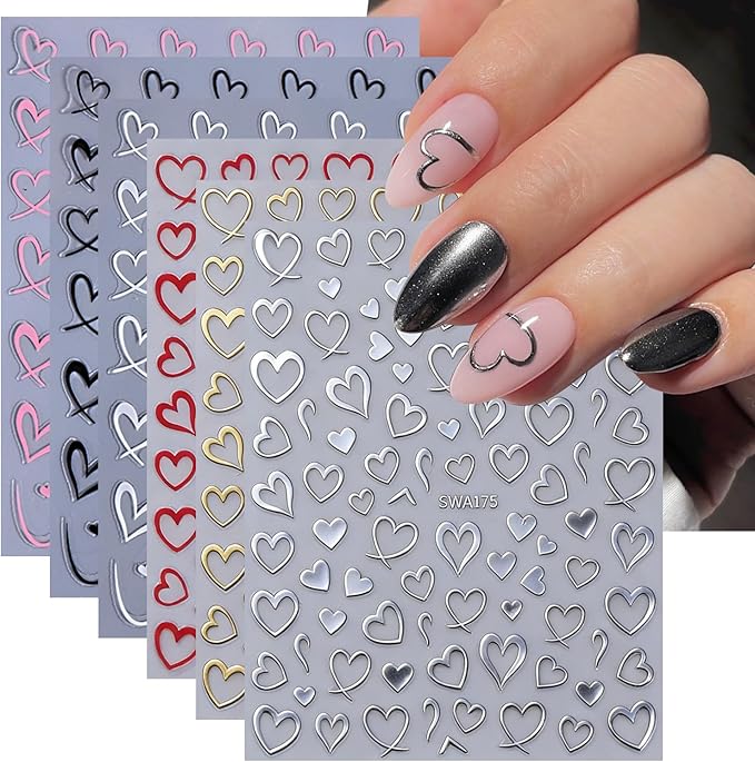 6 Sheets Valentines Day Nail Stickers 3D Self Adhesive Hearts Nail Art Stickers Gold Silver Black White Pink Red Hollow Love Hearts Design Valentine Nail Decals Nail Art Stickers for Acrylic Manicure