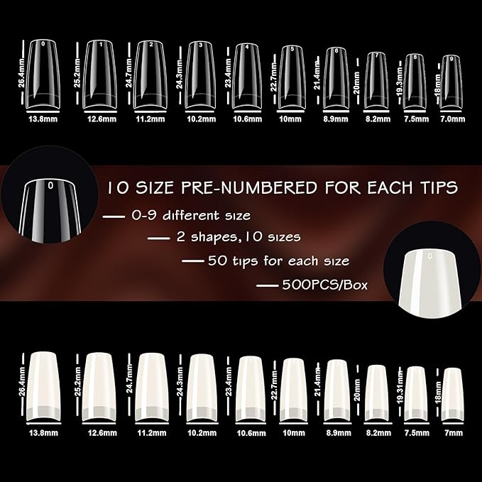 ELLEWIN 480PCS Natural Clear and White Nail Tips, Natural C Curve Half Cover for Acrylic Nails Kit, 10 Sizes Soft Square Fake Nails Gel Nail Extension for Salons and Home DIY Gifts